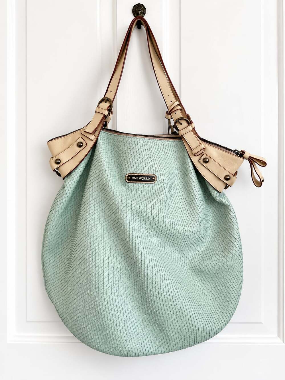 Cynthia Rowley Mint Snake Textured Leather Shoulder Bag Tote Tassel